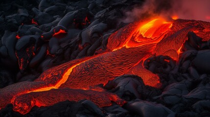 The jagged, blackened rocks of the volcano, contrasted against the vibrant and fiery molten lava spilling over them, creating a stunning and dramatic visual display. Generative AI