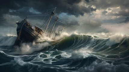 Obraz premium A ship tossed about by towering waves in the midst of a stormy sea Generative AI