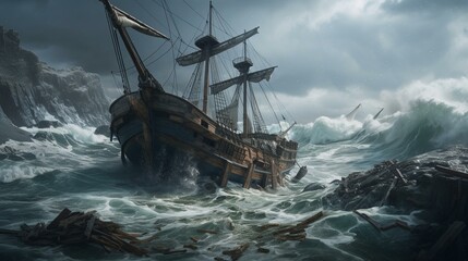 Obraz premium A shipwrecked vessel tossed upon jagged rocks in the midst of a stormy sea Generative AI