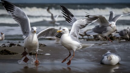 Fototapeta na wymiar A group of seagulls battling the fierce winds in search of food Generative AI