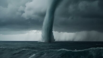 Naklejka premium A towering waterspout twisting and turning above the turbulent ocean Generative AI