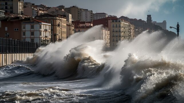 A surging tidal wave threatening to engulf a coastal city Generative AI