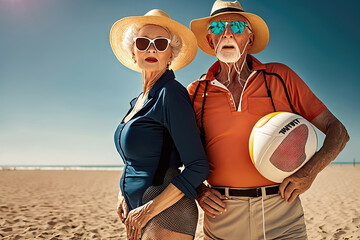 AI generated old couple playing beach volleyball
