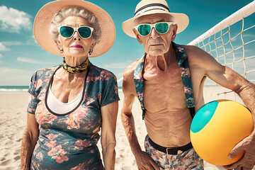 AI generated old couple playing beach volleyball