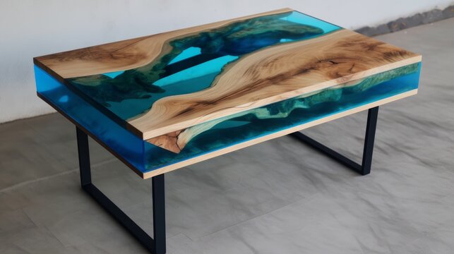 Wooden river table with decorative epoxy blue resin. Generative AI