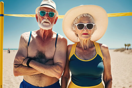 AI generated old couple playing beach volleyball