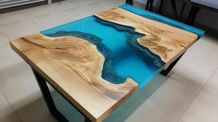 Wooden river table with decorative epoxy blue resin. Generative AI