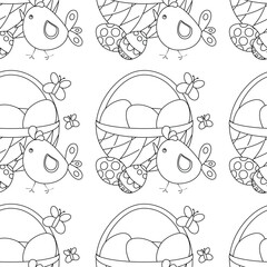 Easter pattern with eggs in basket, butterflies, chicken.