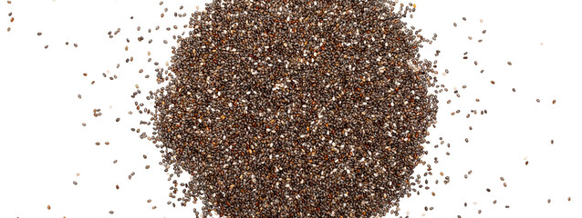 Chia seeds close-up on a white background. Chia seeds macro. Dry healthy supplement for proper...
