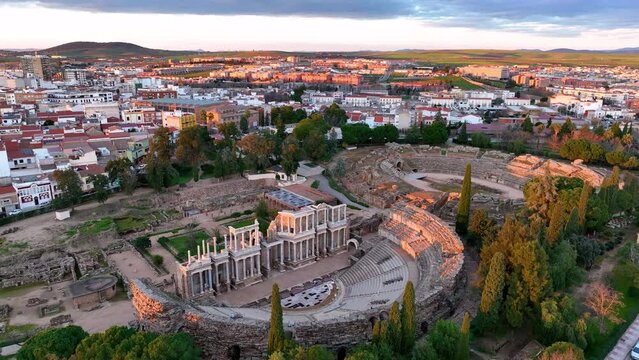 aerial view of old Roman Theatre of Merida spanish cultural icon landmark in Spain