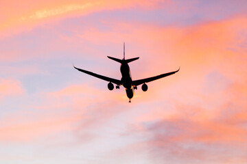 Close up Airplane in sky, during golden hour.
