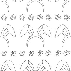 Easter pattern with a plate with eggs and rabbit ears, and flowers.