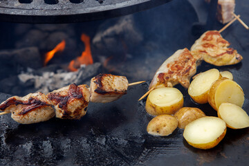 Potatoes in the peel and pieces of chicken meat, grilled, lie on the grill.