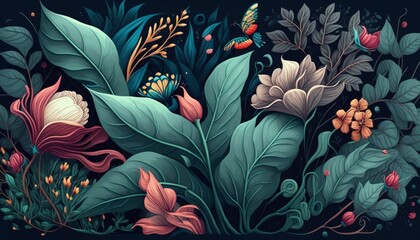 Burst of Nature: Colorful Hand-Drawn Botanical Pattern Illustration