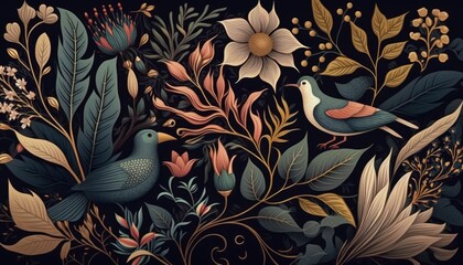Burst of Nature: Colorful Hand-Drawn Botanical Pattern Illustration