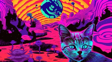Illustration of a psychedelic landscape featuring a cute cat, generative AI