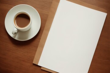Fototapeta na wymiar A mug with coffee on the table, a pen lies on a napkin for notes, mockup composition, Generative AI.