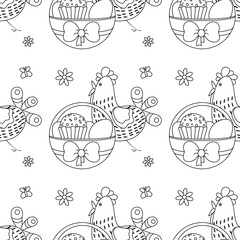 Easter pattern with basket with colored eggs, Easter cupcake, chicken, flowers, butterflies.