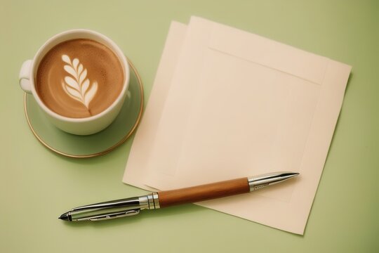 A mug with coffee on the table, a pen lies on a napkin for notes, mockup composition, Generative AI.