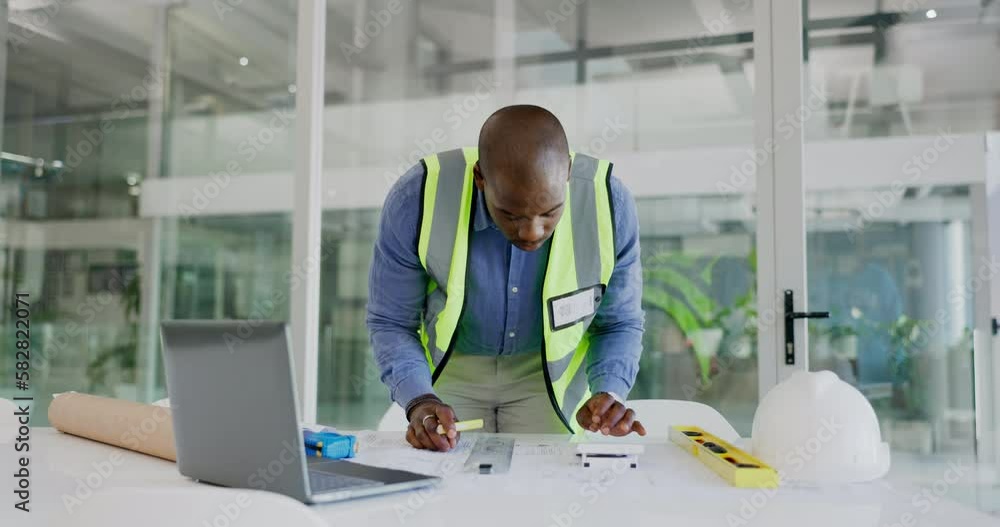 Poster Architecture, laptop and man planning, drawing blueprint lines and design calculation for project development. Serious black person or business contractor with floor plan, calculator and computer app