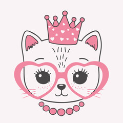 Cute little cat princess face with pink crown, heart glasses © Artificis