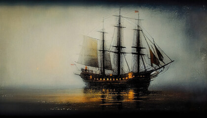 Fototapeta premium An old ship sailing through waters, generative AI
