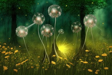 Dandelions Dancing in a Magic Glade Generative AI