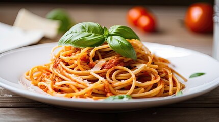 Spaghetti pasta with tomato sauce, mozzarella cheese and fresh basil. Generative AI