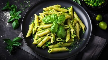 Penne pasta with pesto sauce, Italian food. Generative AI