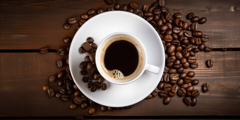 Cup of espresso on a rustic  wooden table with coffee beans