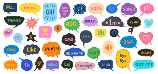 Speech bubbles vector. Message bubbles with slang phrases. Speech bubble doodles, text message, social media comment. Comics, chat or dialogue phrases.