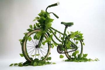 Vélo vert entouré de feuilles et de plantes - mobilité douce - concept de vélo écologique sur fond blanc - obrazy, fototapety, plakaty