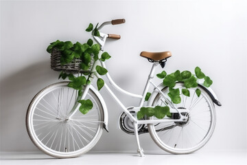 Vélo blanc entouré de feuilles et de plantes - mobilité douce - concept de vélo écologique sur fond blanc - obrazy, fototapety, plakaty