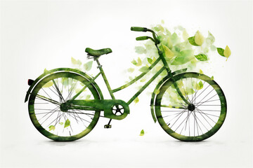 Vélo vert entouré de feuilles et de plantes - mobilité douce - concept de vélo écologique sur fond blanc - obrazy, fototapety, plakaty