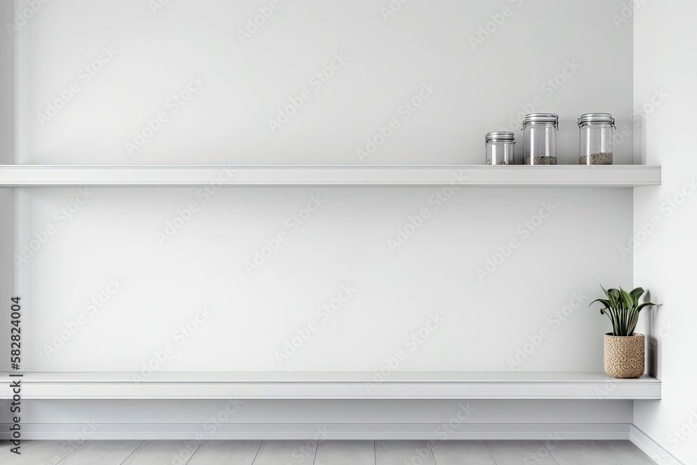 Poster a white wall with an empty shelf. background scene for a template. vertical background. generative a