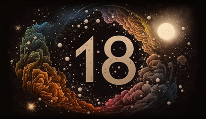 Happy 18th birthday. adult. 18 years. Happy birthday. number 18 with galaxy and colors around. Generative AI.