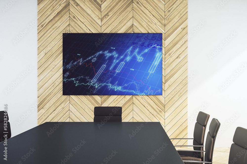 Poster abstract financial graph on tv display in a modern presentation room, financial and trading concept.