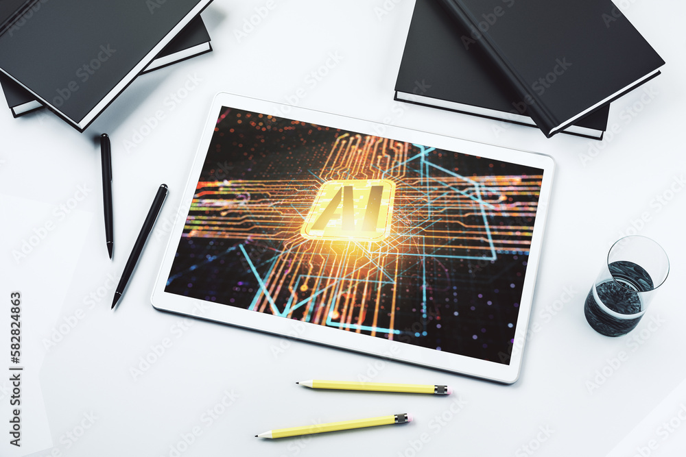 Poster Top view of modern digital tablet monitor with creative artificial Intelligence icon. Neural networks and machine learning concept. 3D Rendering