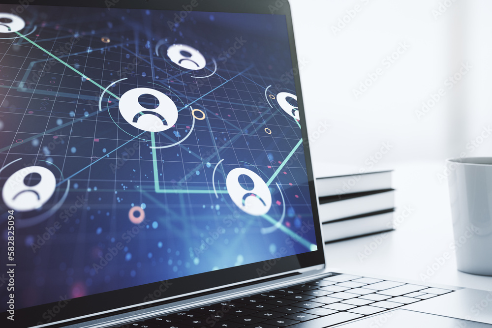 Poster Modern computer screen with social network media concept. 3D Rendering