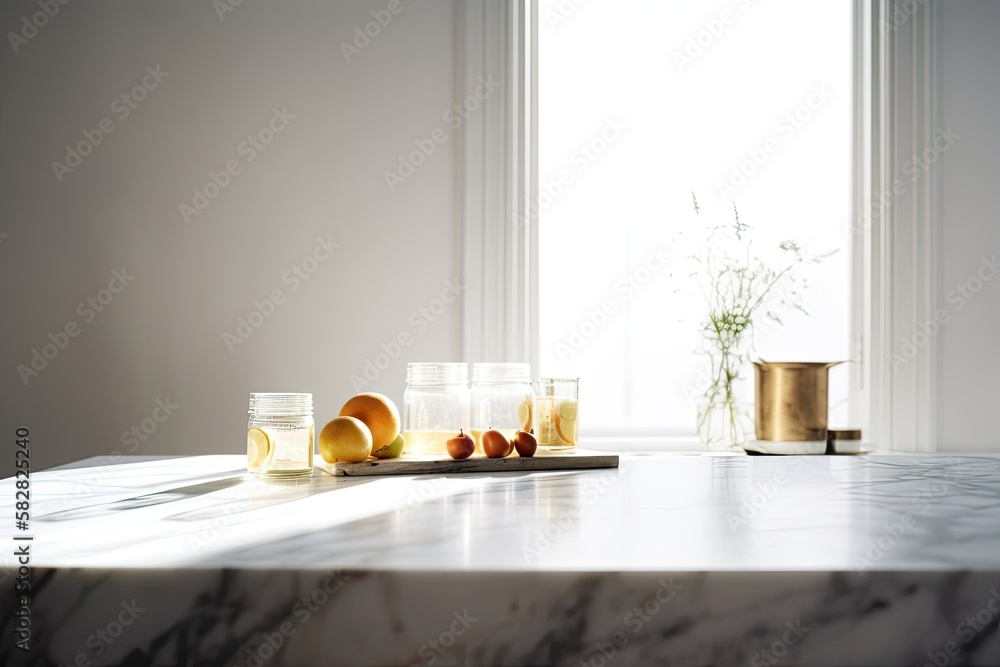 Poster for a mockup product display, a marble table with a window shadow drop is shown against a white wall