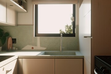 Fototapeta na wymiar Sink in front of the window at the modern kitchen in Scandinavian minimalistic style with olive color accents