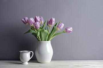 gray wall with violet tulips in a white vase as a backdrop. Generative AI