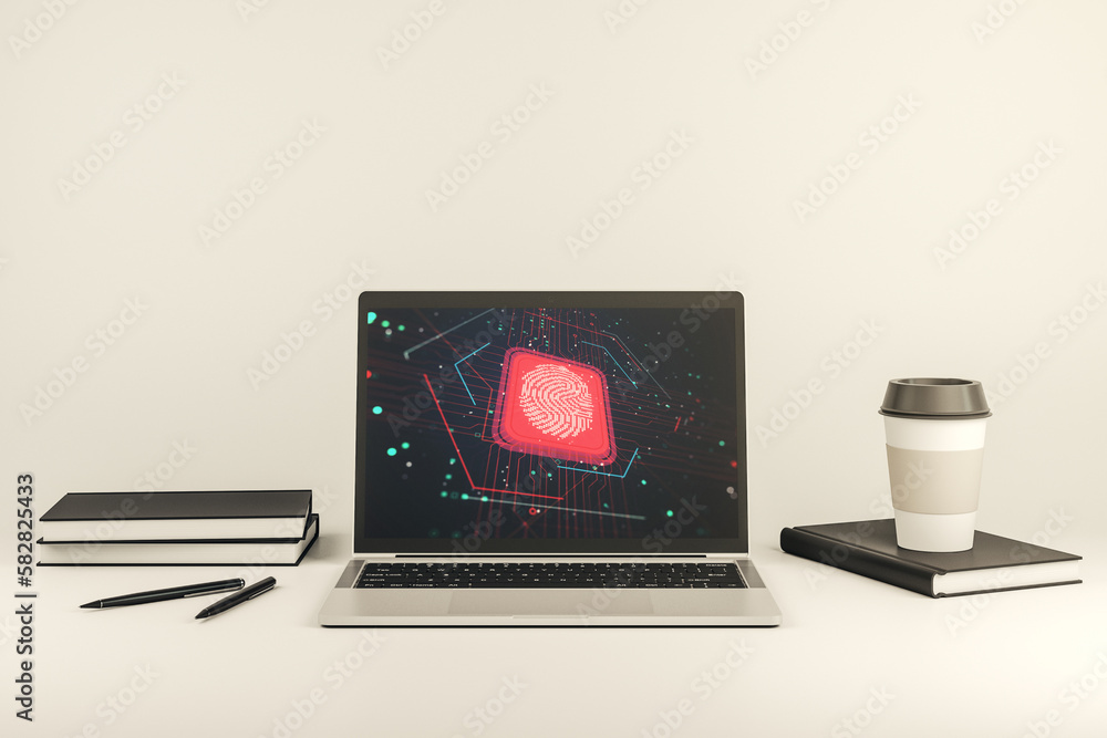 Fototapete Modern computer monitor with abstract creative fingerprint hologram, research and development concept. 3D Rendering