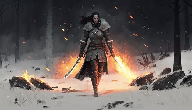 fantasy witcher female warrior knight Creative illustration. (Ai Generate)