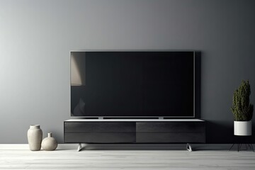 Wall mounted LED TV with a blank, white screen for design and advertising purposes. Generative AI