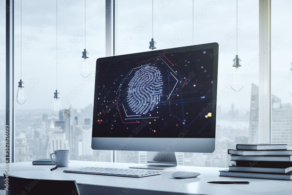 Poster abstract creative fingerprint illustration on modern laptop monitor, digital access concept. 3d rend