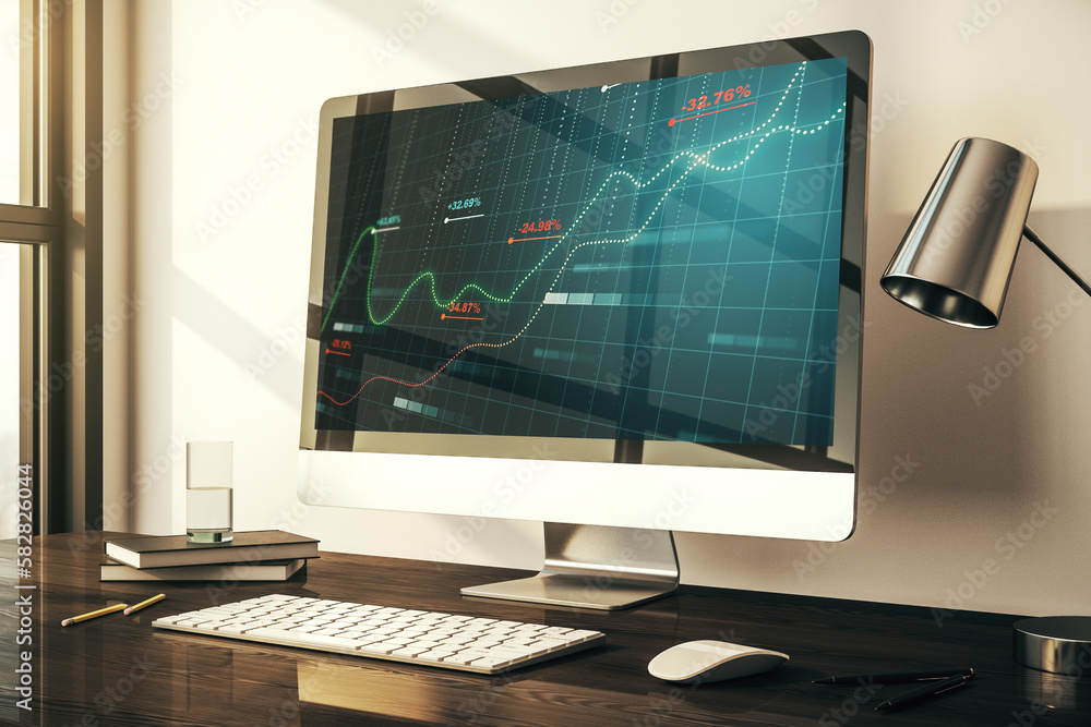 Poster stats data illustration on modern laptop monitor, computing and analytics concept. 3d rendering