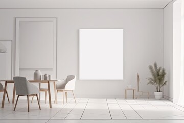 Fototapeta premium Interior of a light living room with an empty white poster, a large window, a dining table and chairs, a sofa, and a concrete floor. minimalist design principle. A place to meet. a mockup. Generative