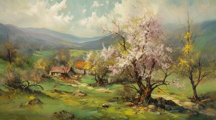 Soft spring wallpaper illustration drawing with sakura blossom trees and mountains in the background generative ai