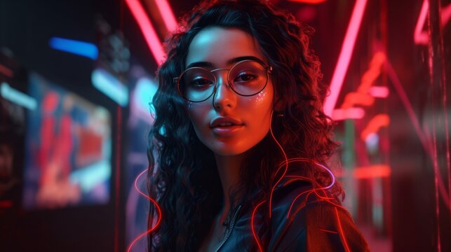 Smiling Woman with Black Curly Hair in Neon Cyberpunk Setting. Generative AI.